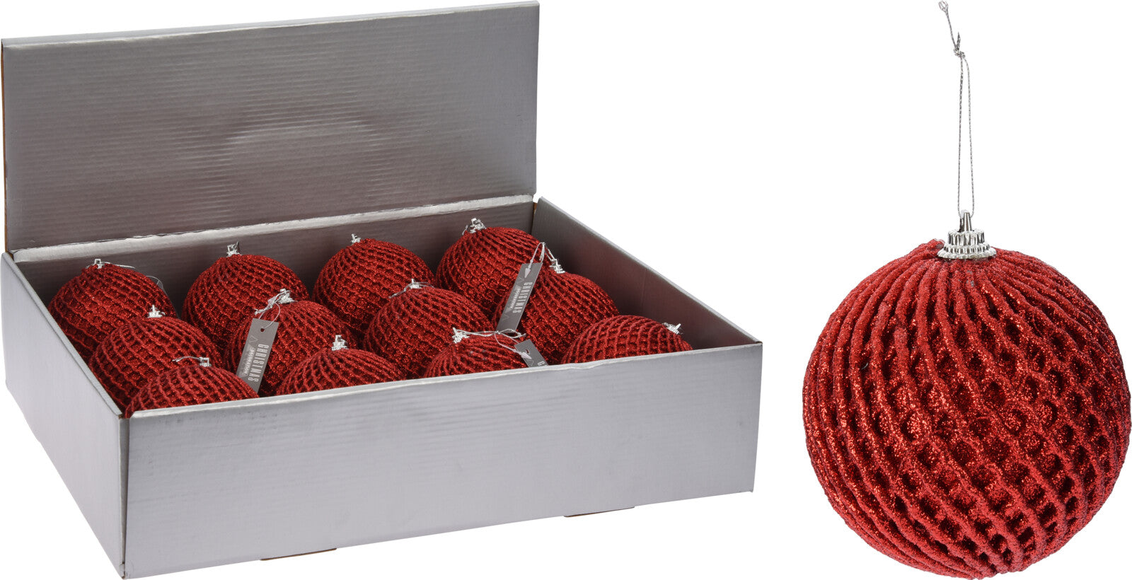 OFFERTA 6 PALLINE EFFETTO RETE 10CM ROSSO GLITTER