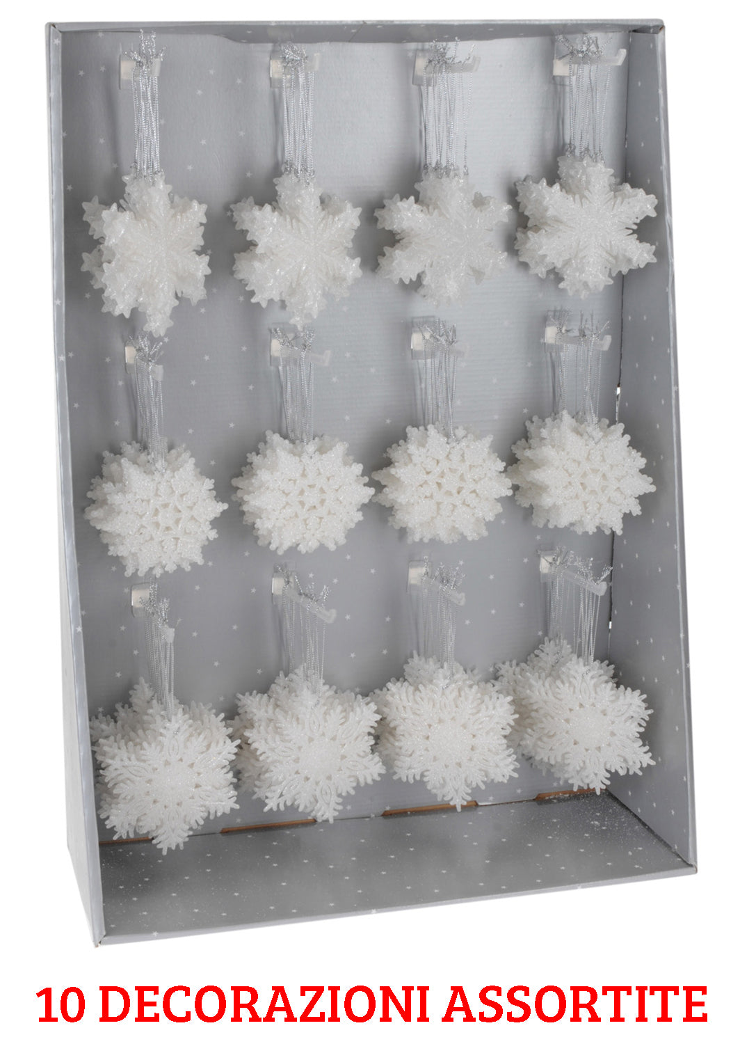 10 FIOCCHI DI NEVE APPENDIBILI 10CM CON GLITTER BIANCO ASSORTITI