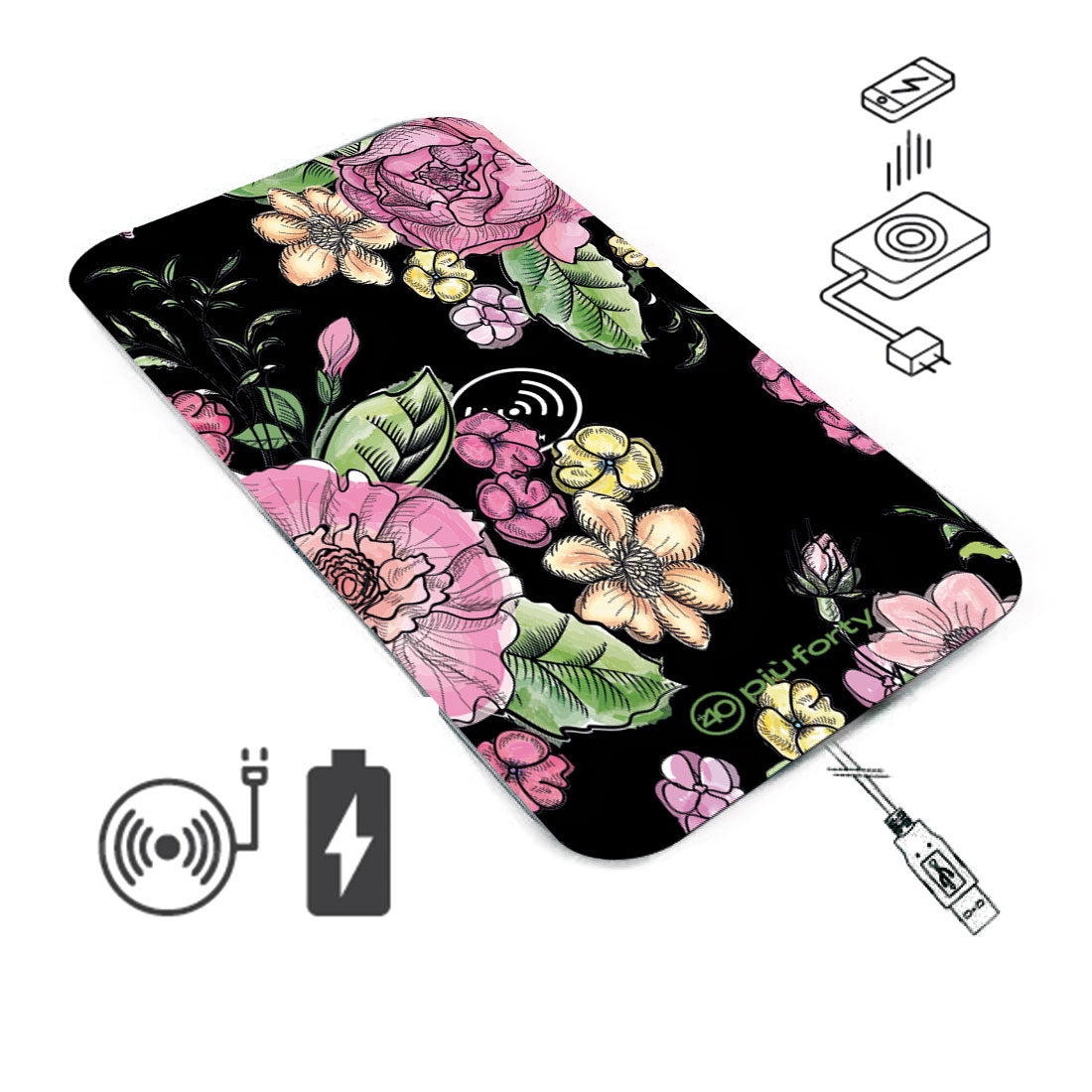 I CARICHINI CARICATORE WIRELESS FUNZIONAMENTO CON USB BLACK FLOWERS PIU' FORTY
