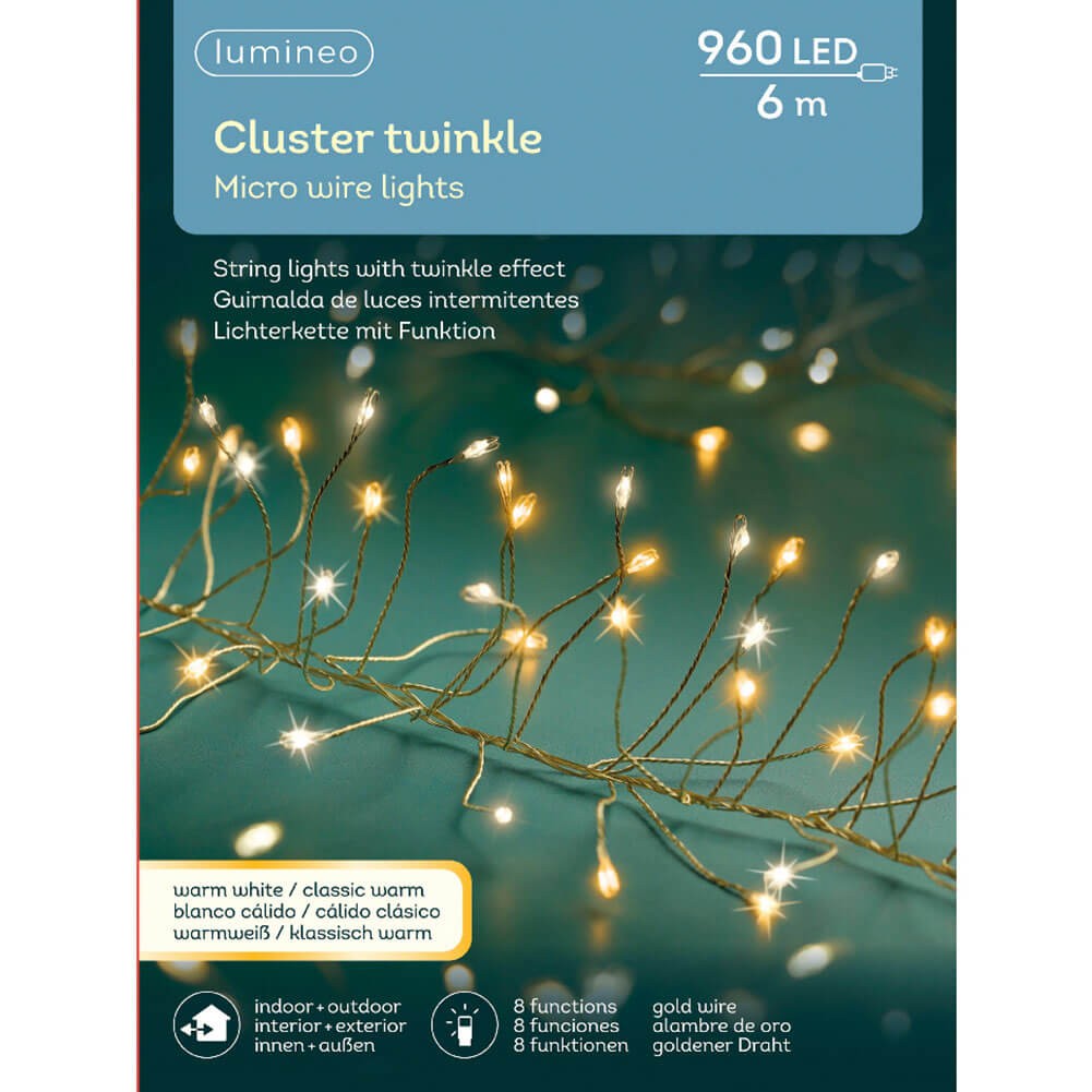 LUCI DI NATALE 960 MICROLED TWINKLE  BIANCO CALDO FILOR ORO 6 METRI