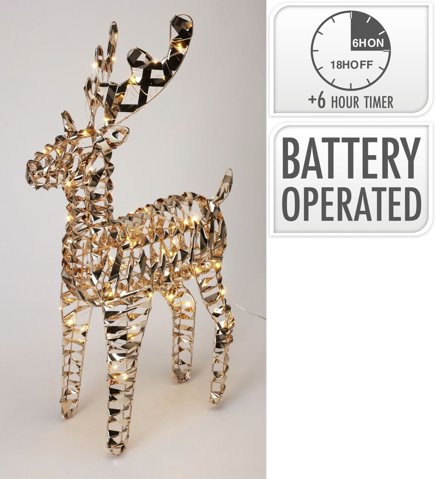 Renna decorativa a LED, 100 LED, 60 cm, colore oro, luce bianco caldo