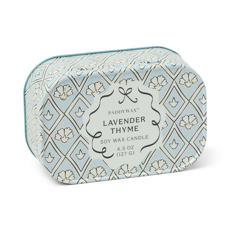 Candela in Latta Stampata Cherie 127g Blu e Bianco Lavanda e Timo Paddywax