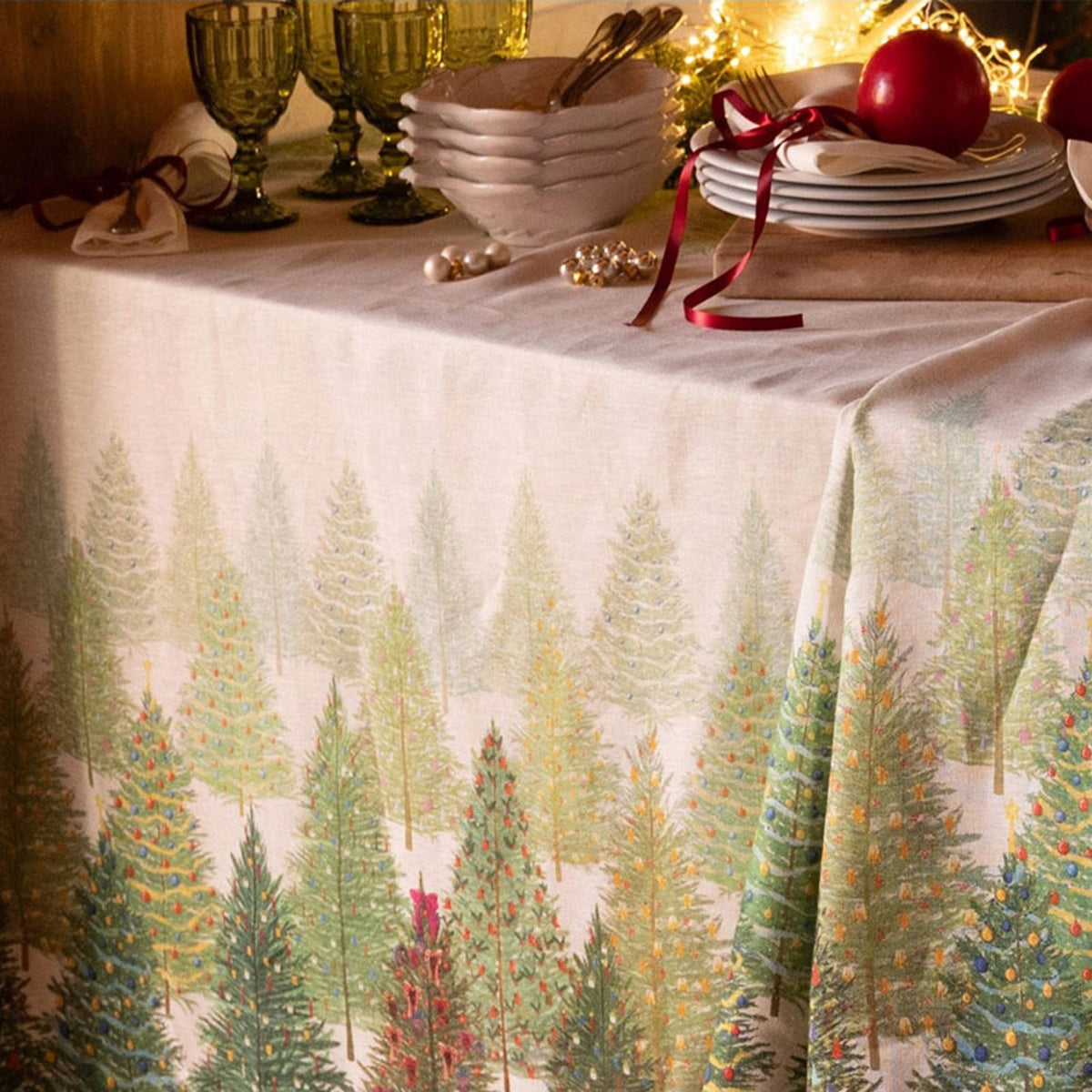 Tovaglia natalizia in lino Fairy Trees 170x270 cm Naturale TESSITURA TOSCANA