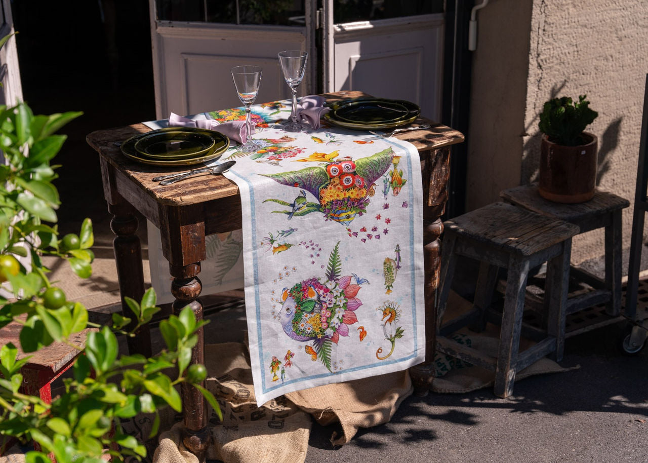 PESCIFLORA RUNNER TAVOLO VIS A VIS DI LINO 45X170