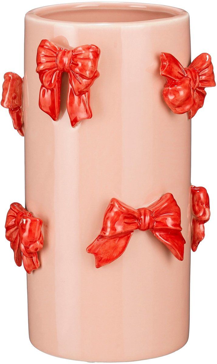 Mica Decorations Vaso cilindrico con fiocchi in rilievo D17 x H26 cm, rosa chiaro/rosso