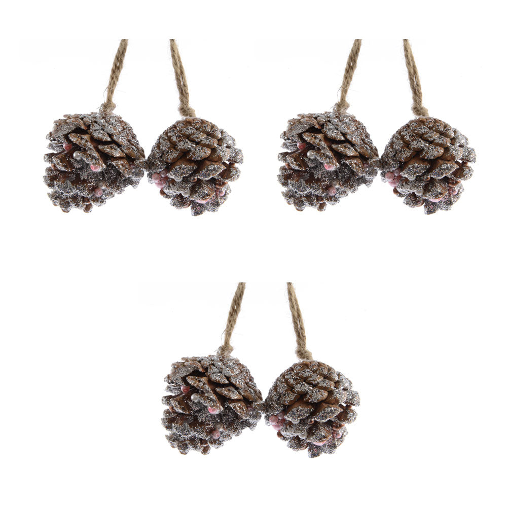 OFFERTA 6 PIGNE DA APPENDERE MARRONE GLITTER 6CM
