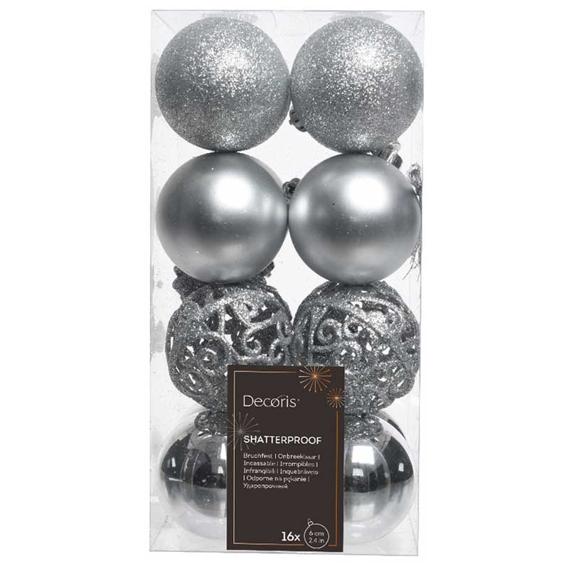 SET 16 PALLINE DI NATALE ARGENTO 6CM OPACHE LUCIDE GLITTER