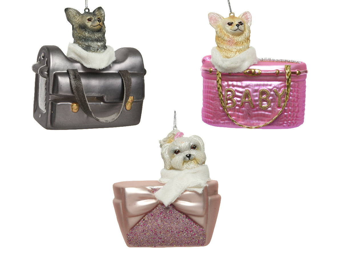 PENDENTE NATALIZIO CON CAGNOLINO NELLA BORSETTA GLITTER 10X5.5CM ASSORTITO