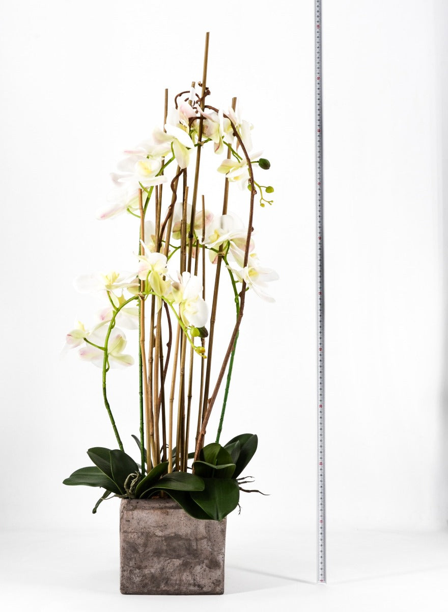 PHALAENOPSIS ORCHIDEA ARTIFICIALE 90CM CON VASO QUADRATO BIANCA
