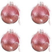 OFFERTA 4 PALLINE 8CM ROSA TRASPARENTE CON PIUME E GLITTER