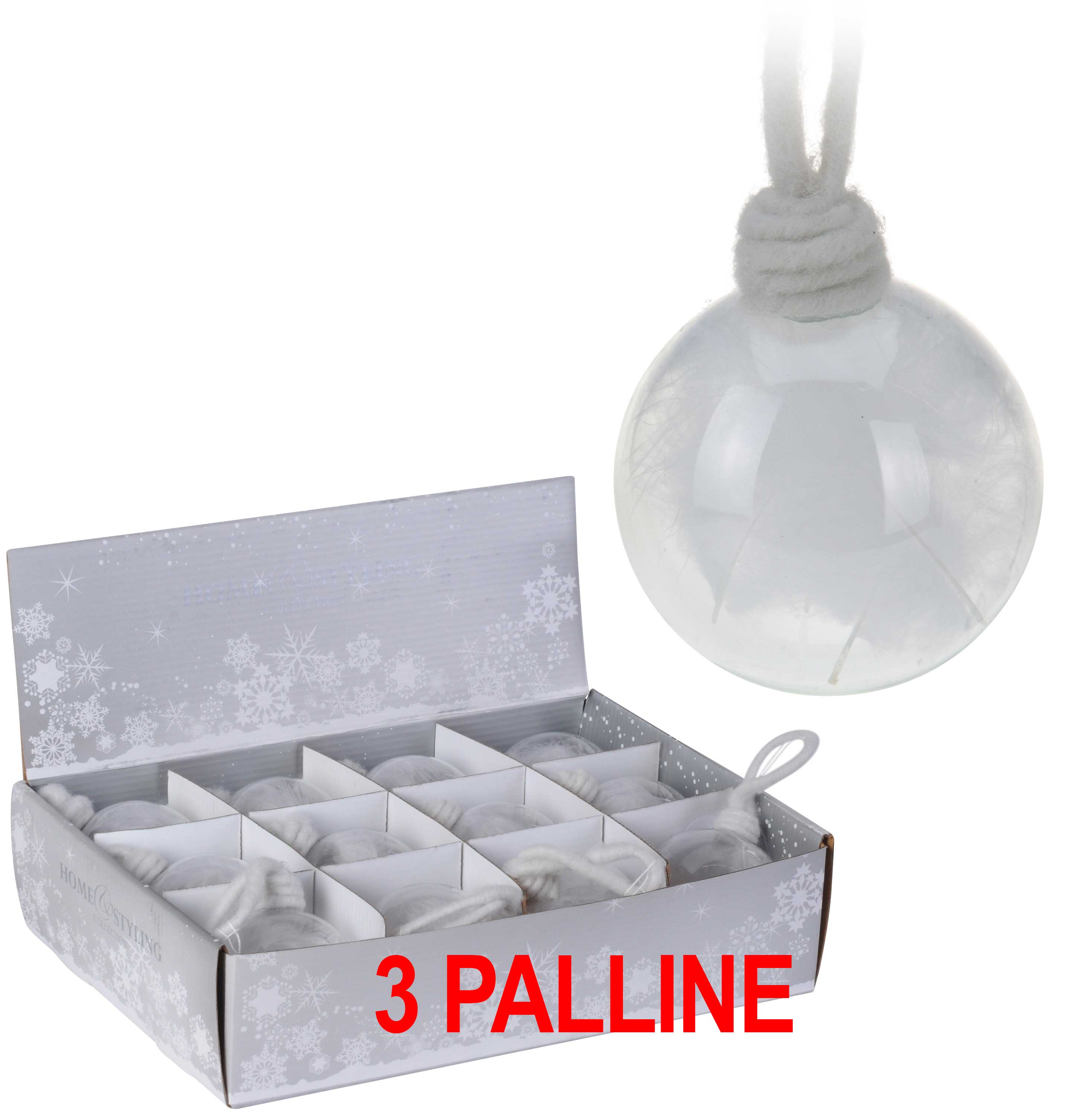 OFFERTA 3 PALLINE DI NATALE IN VETRO PIUMA BIANCA 8CM