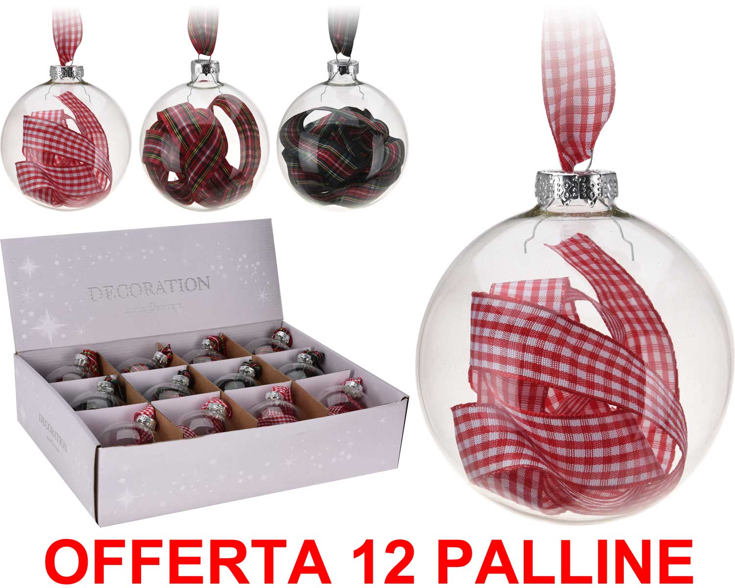 OFFERTA 12 PALLINE DI NATALE 8 CM IN VETRO NASTRO RIBBON ASSORTITO