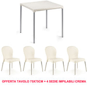 OFFERTA TAVOLO 75X75CM + 4 SEDIE IMPILABILI COLOR CREMA