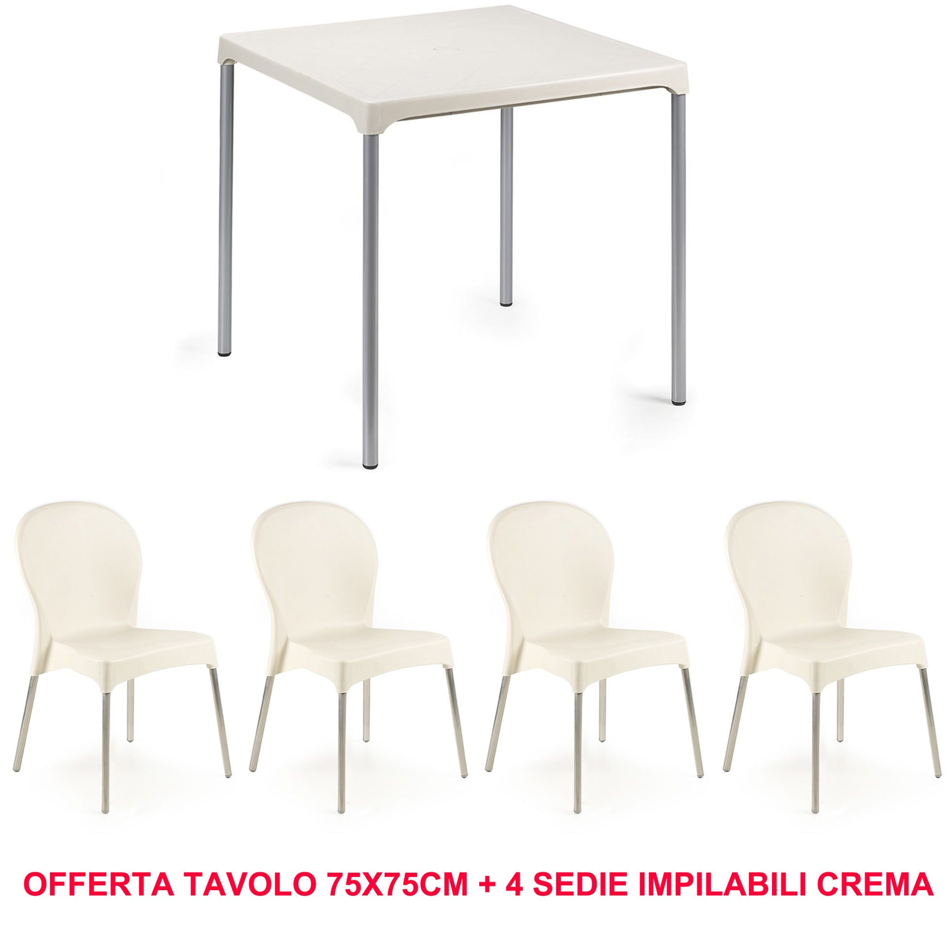OFFERTA TAVOLO 75X75CM + 4 SEDIE IMPILABILI COLOR CREMA