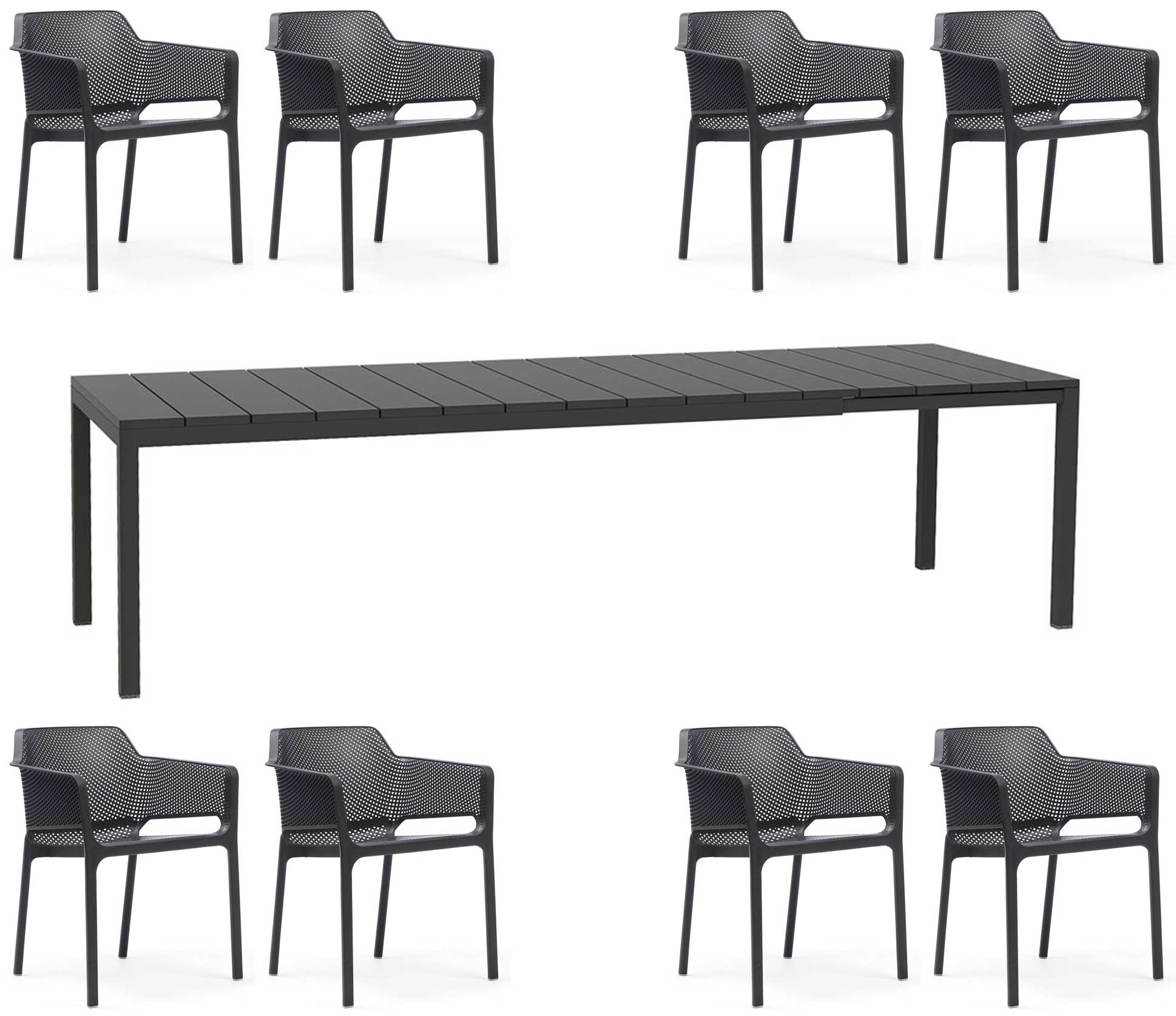 OFFRE : TABLE EXTENSIBLE RIO 210/280 + 8 FAUTEUILS EN FILET DANS LA COULEUR DE VOTRE CHOIX