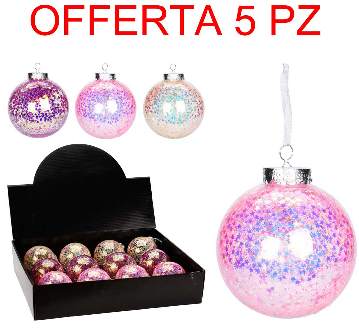 OFFERTA 5 PALLINE 8CM ROSA/FUCSIA/PERLA FLUO ASSORTITE