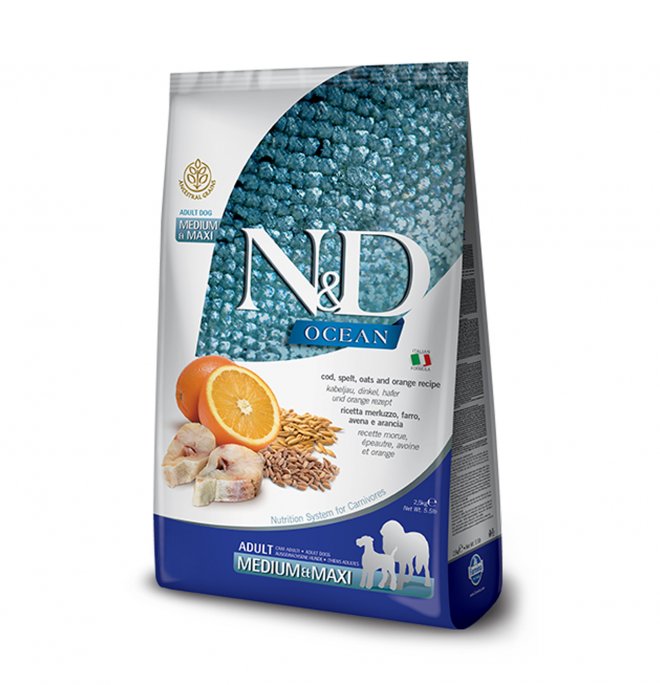 CROCCHETTE N&D DELICIOUS LOW GRAIN CANE ADULT MEDIUM & MAXI OCEAN CON MERLUZZO E ARANCIA DA 12 KG