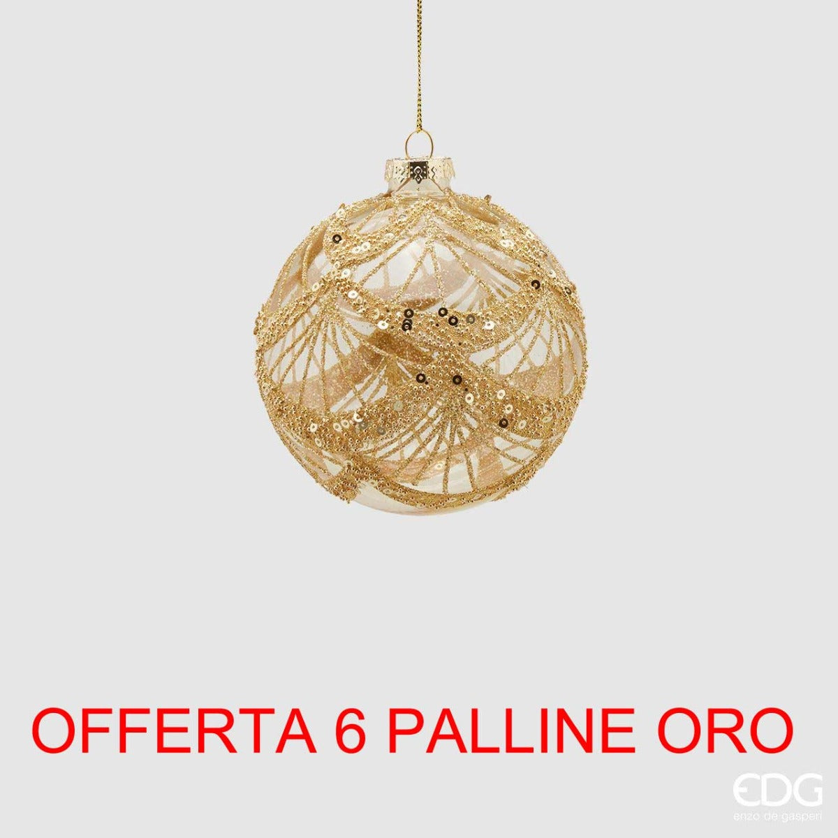 OFFERTA 6 PALLINE IN VETRO CON PAILLETTES ORO 10CM