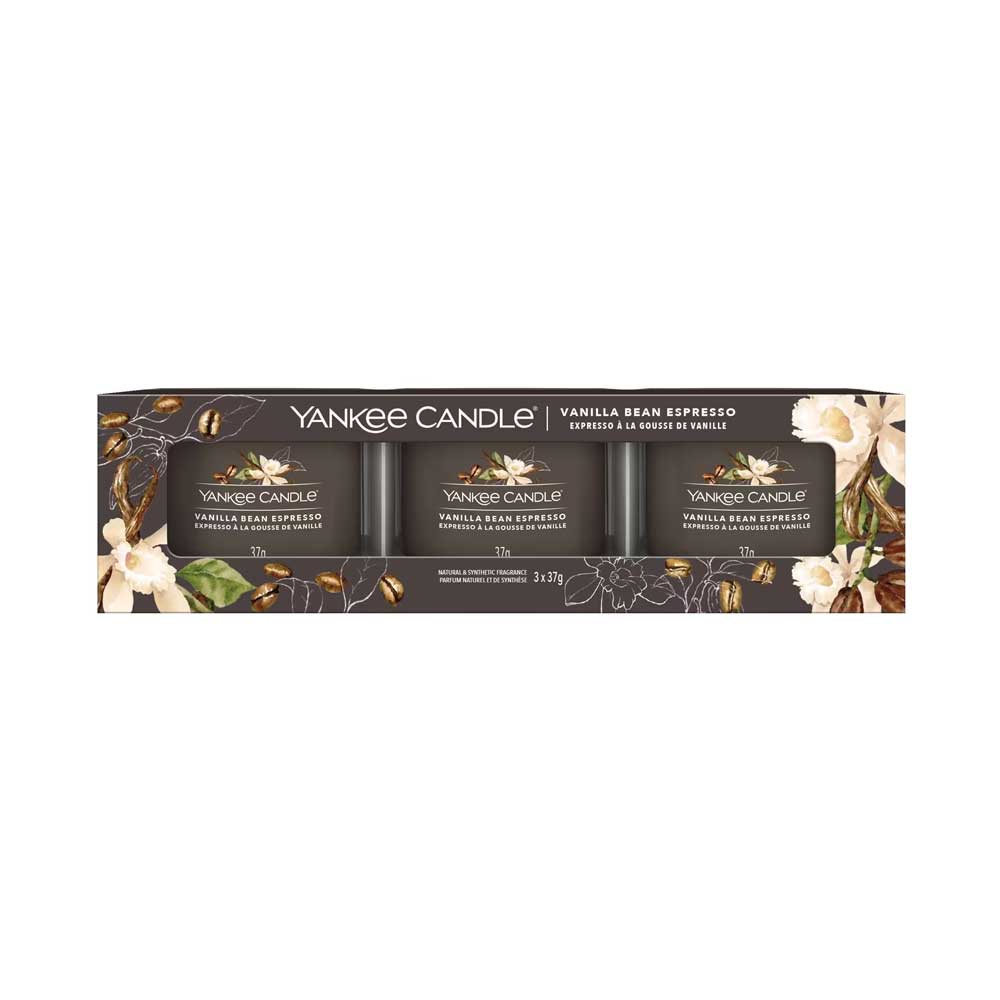 CONFEZIONE REGALO CON 3 CANDELE VOTIVE IN VETRO VANILLA BEAN ESPRESSO