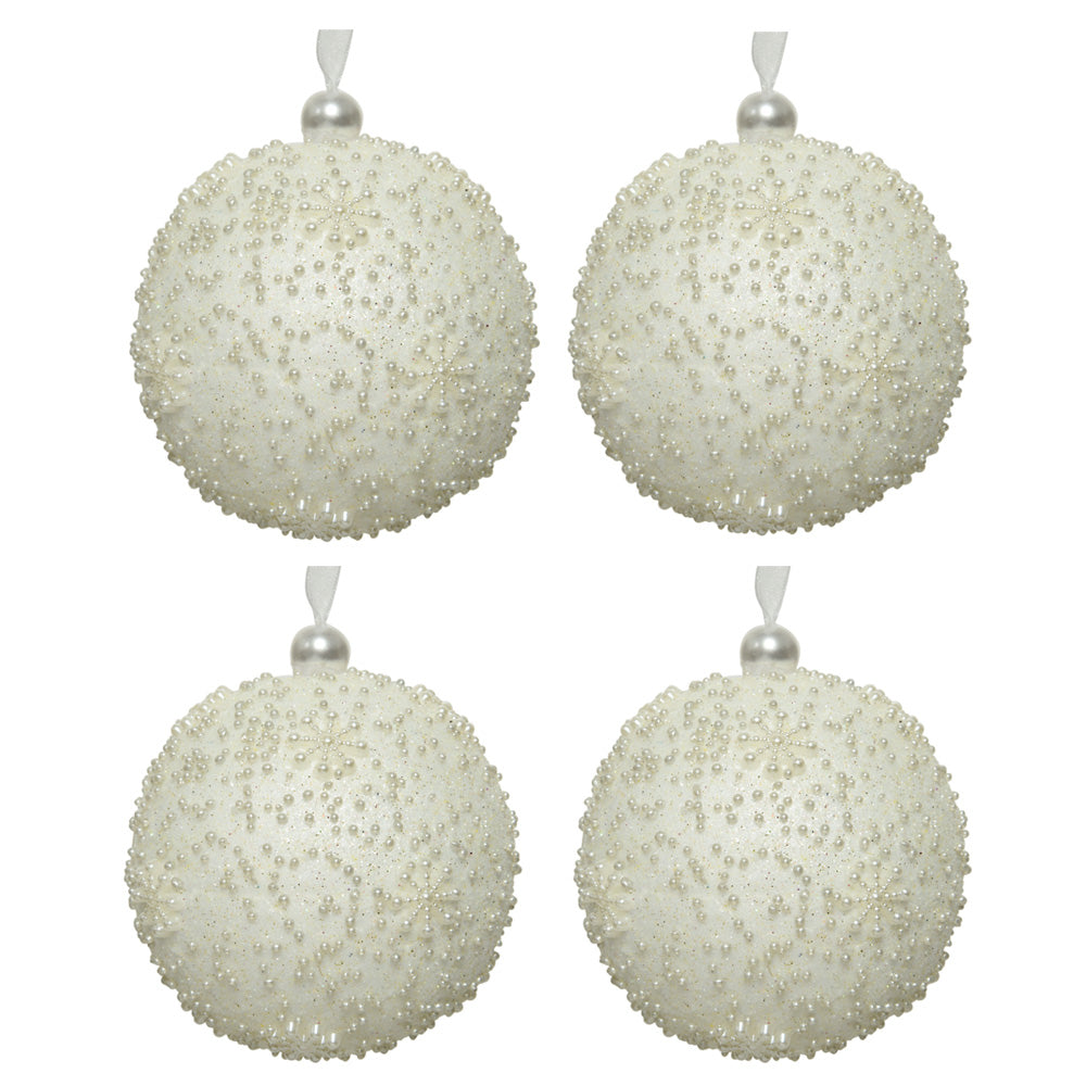 OFFERTA 4 PALLINE DI NATALE FIOCCO DI NEVE CON PERLINE BIANCO LANA 8CM