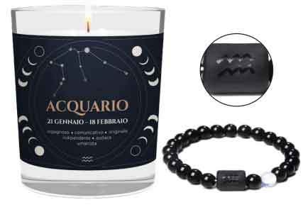 CANDELA CON SEGNO ZODIACALE ACQUARIO CON BRACCIALE NERO ASTRO ACQUARIO
