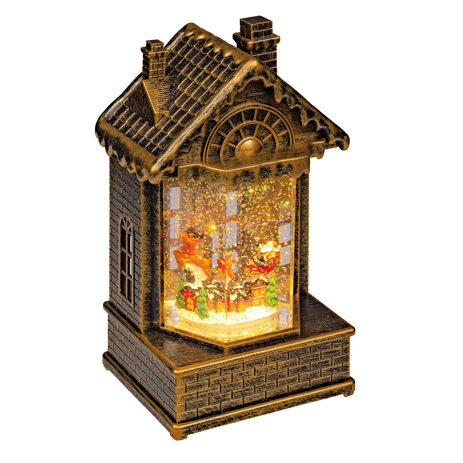 CASETTA BRUNITA DI NATALE LUMINOSA CON SLITTA BABBO NATALE