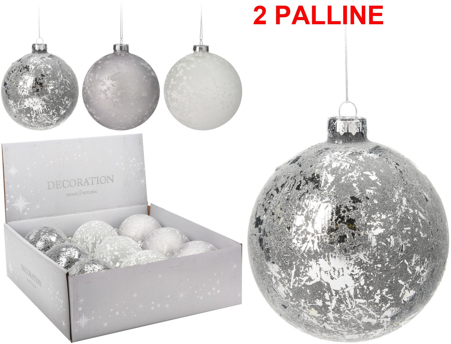 OFFERTA 2 PALLINE ARGENTATE 10CM CON DECORAZIONI ASSORTITE