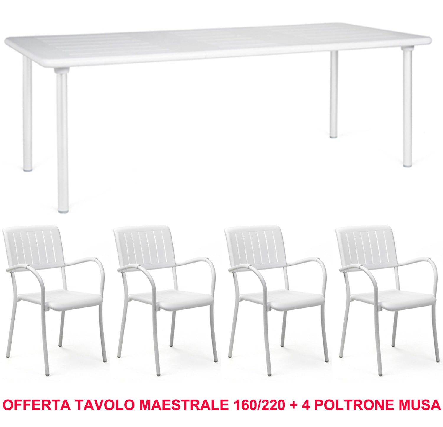 OFFRE TABLE MAESTRALE EXTENSIBLE 160/220CM + 4 FAUTEUILS MUSA COULEUR AU CHOIX