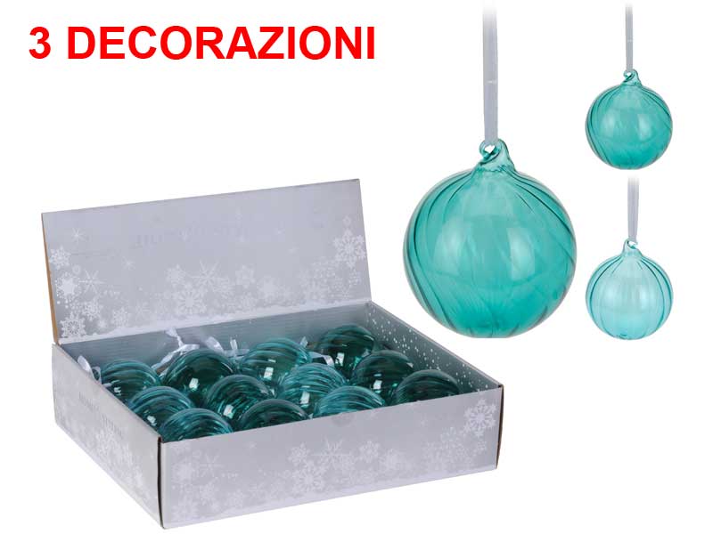 OFFERTA 3 PALLINE IN VETRO 8CM AZZURRE