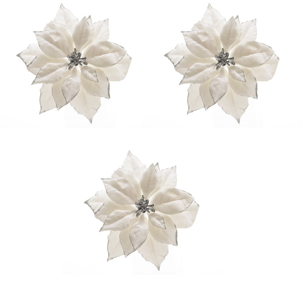 OFFERTA 3 POINSETTIA BIANCA GLITTER 24CM CON CLIP