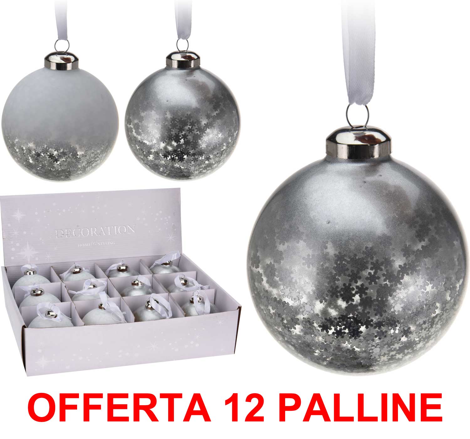 OFFERTA 12 PALLINE DI NATALE 8 CM IN VETRO GRIGIO 2MIX ASSORTITE