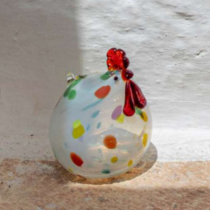 DECORAZIONE GALLINA BASSA "ROSAMUNDA" IN VETRO 17X10XH25CM