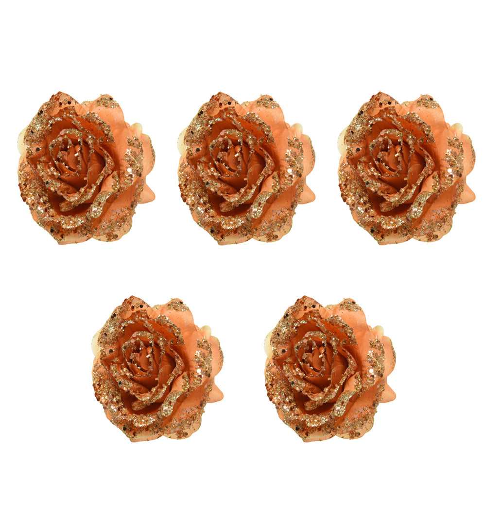 OFFERTA 5 ROSE APPENDIBILI CON CLIP E GLITTER 14X8,5CM MARRONE TERRA