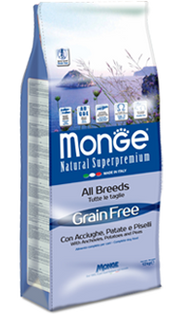 MONGE CIBO SECCO CANE CROCCANTINI GRAIN FREE ACCIUGHE PATATE E PISELLI 12 KG