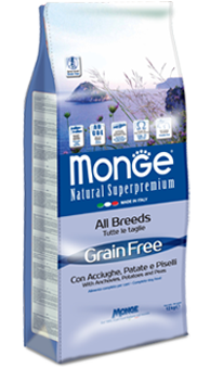 MONGE CIBO SECCO CANE CROCCANTINI GRAIN FREE ACCIUGHE PATATE E PISELLI 12 KG