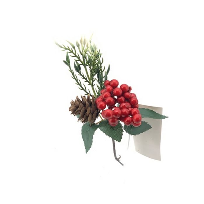 DECORAZIONE DI NATALE, RAMO CON BACCHE E PIGNA, H16CM