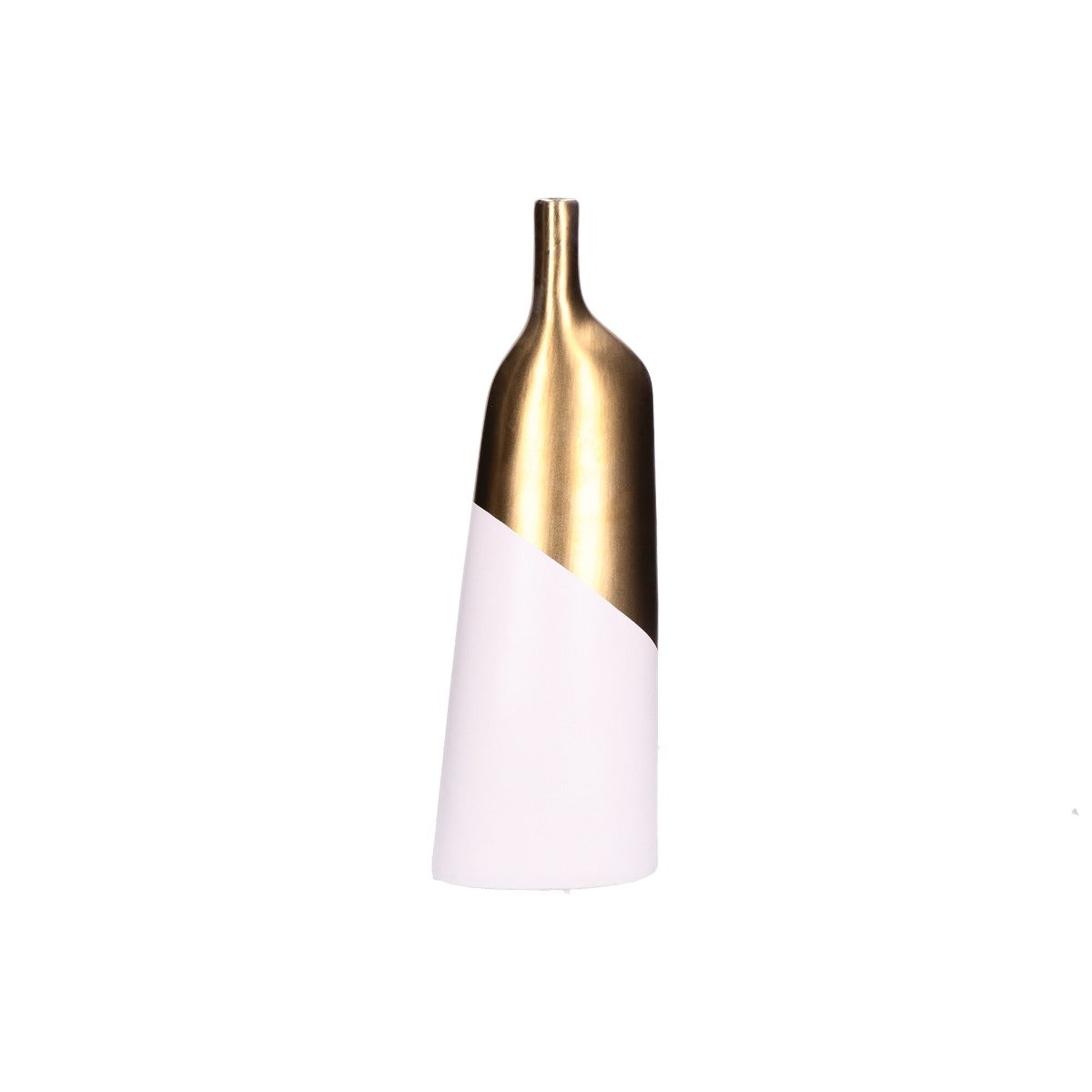 BOTTIGLIA DECORATIVA BASSA IN CERAMICA BIANCA E ORO "OBLIQUAMENTE"