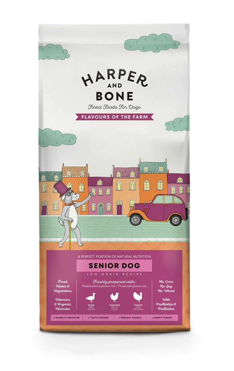 CROCCHETTE PER CANI HARPER AND BONE SENIOR DOG FLAVOURS OF THE FARM 12KG - ANATRA, TACCHINO E POLLO