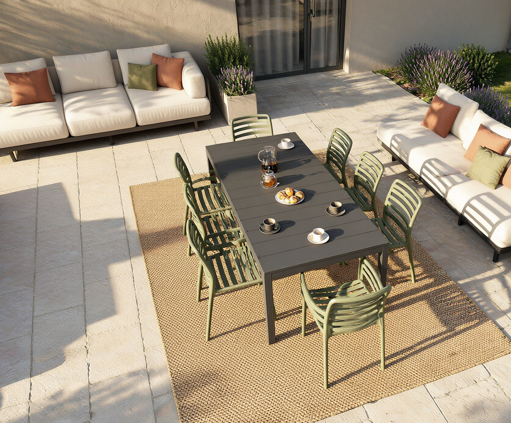 OFFRE : TABLE EXTENSIBLE RIO 210/280 CM ANTHRACITE + 6 CHAISES + 2 FAUTEUILS EN AGAVE DOGA