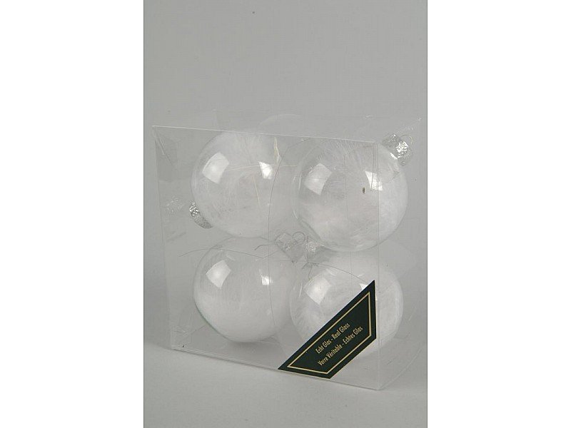 4 PALLINE 7CM CON PIUMA BIANCO TRASPARENTE