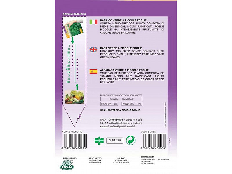 BUSTINA CON SEMI DI BASILICO VERDE A PICCOLE FOGLIE