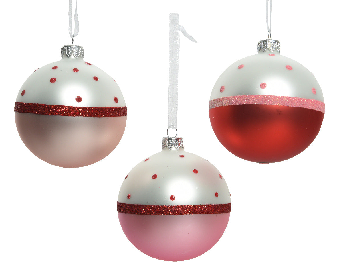PALLINA DI NATALE IN VETRO ROSA/ROSSA CON POIS ASSORTITA 8CM