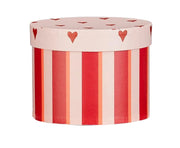Scatola tonda righe e cuori, D21x14 cm, rosso