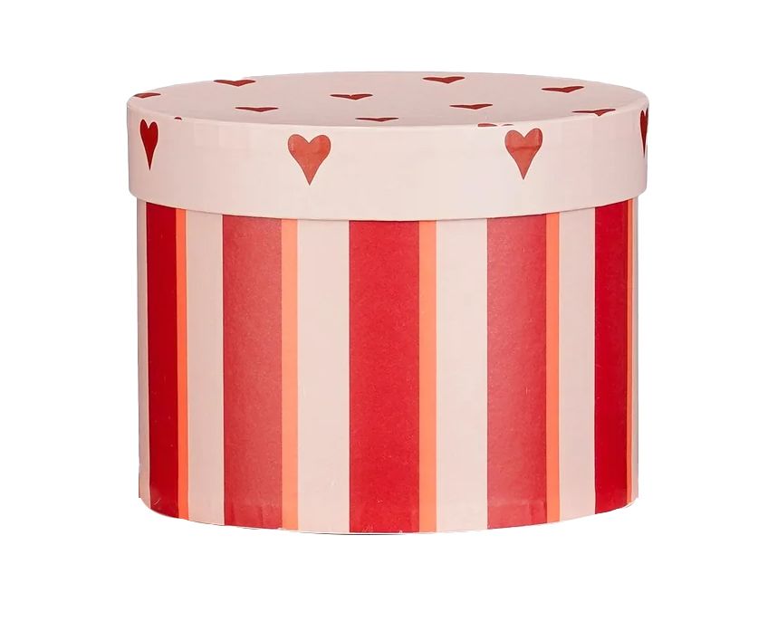 Scatola tonda righe e cuori, D21x14 cm, rosso