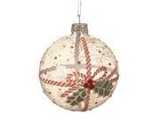 PALLINA DI NATALE IN VETRO TRASPARENTE CON AGRIFOGLIO INNEVATO E FIOCCO ROSSO BIANCO 8CM