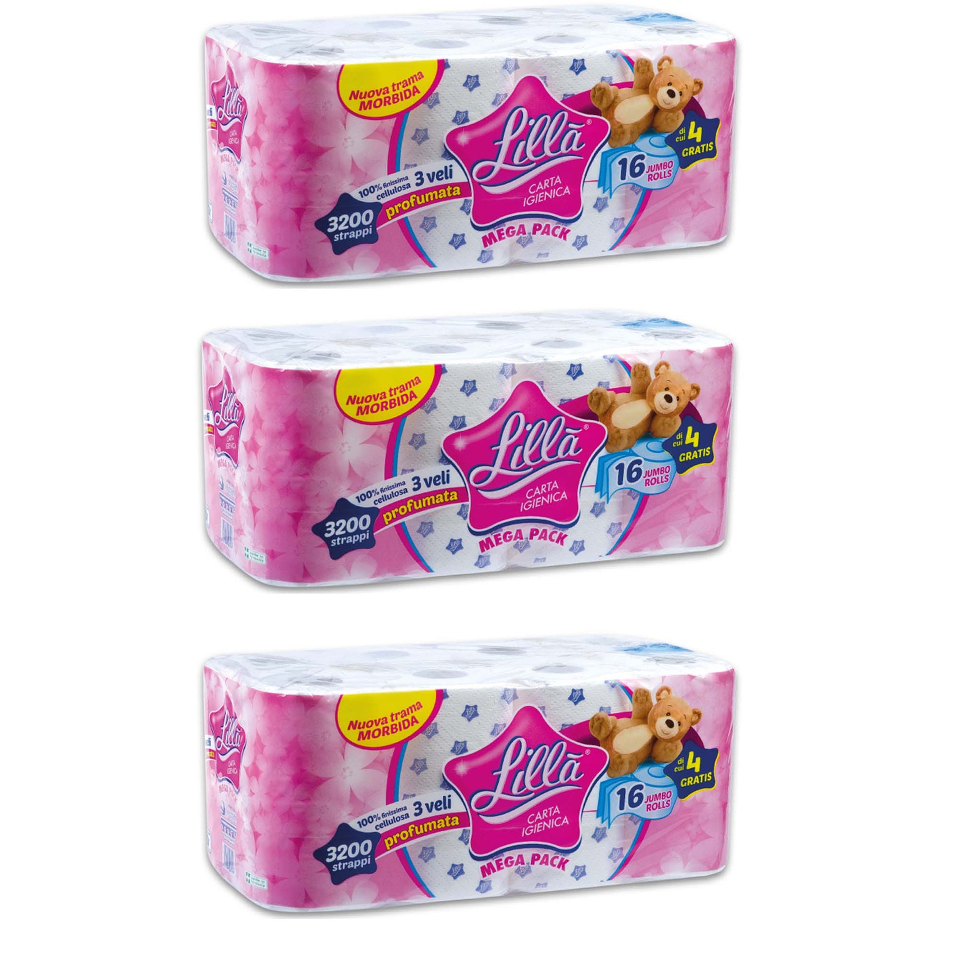 OFFERTA 3 CONFEZIONI DA 16 ROTOLI CAD CARTA IGIENICA PROFUMATA LILLA