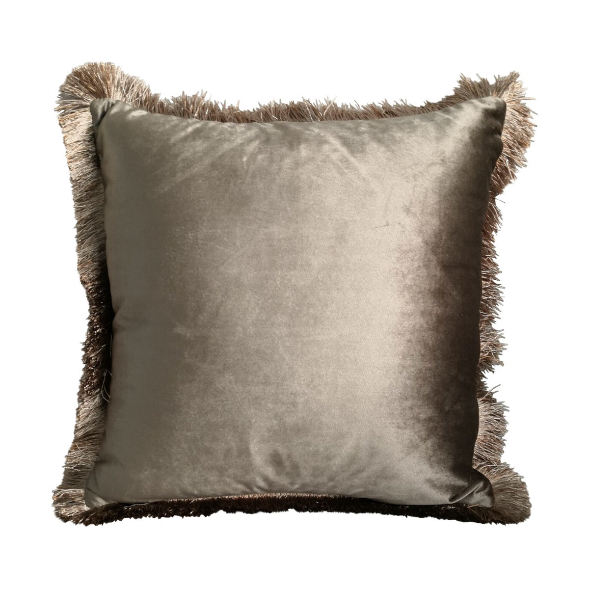 CUSCINO VELLUTATO TORTORA CON FRANGE DORATE 45X45CM