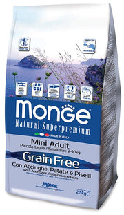 MONGE CIBO SECCO CANE CROCCANTINI GRAIN FREE CON ACCIUGHE PATATE E PISELLI 2.5 KG