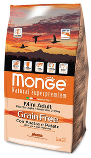 MONGE CIBO SECCO CANE CROCCANTINI GRAIN FREE MINI CON ANATRA E PATATE 2.5 KG