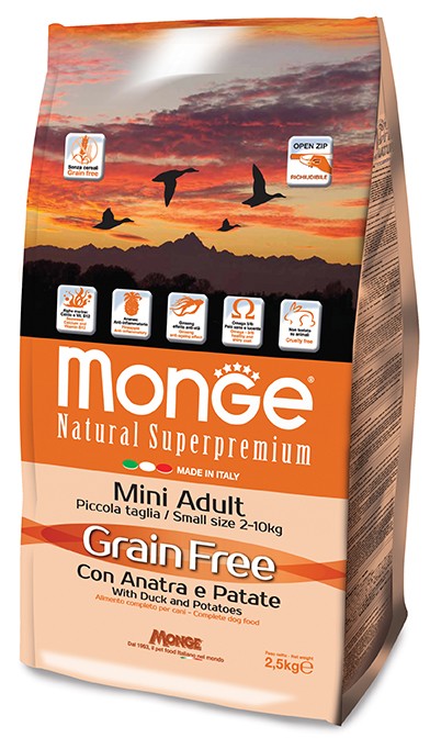 MONGE CIBO SECCO CANE CROCCANTINI GRAIN FREE MINI CON ANATRA E PATATE 2.5 KG